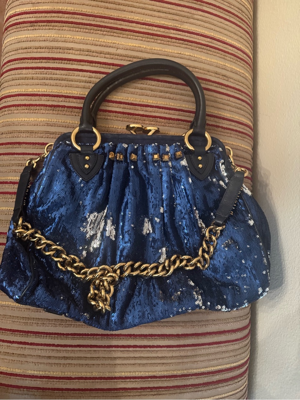 Marc Jacobs Blue Sequin Stam Satchel with Gold Chain Accent